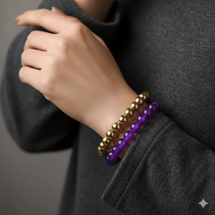 Elegant Purple and Gold Gemstone Bracelet Set