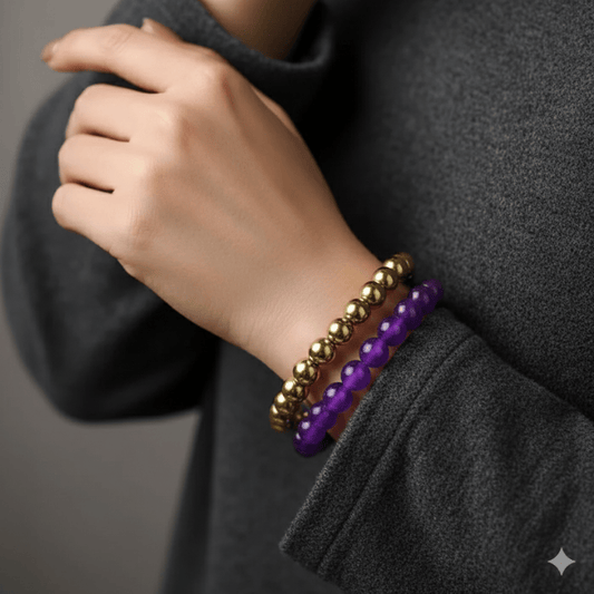 Elegant Purple and Gold Gemstone Bracelet Set