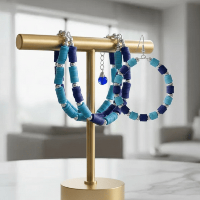 Sky and Royal Blue Three Strand Bracelet with Earrings