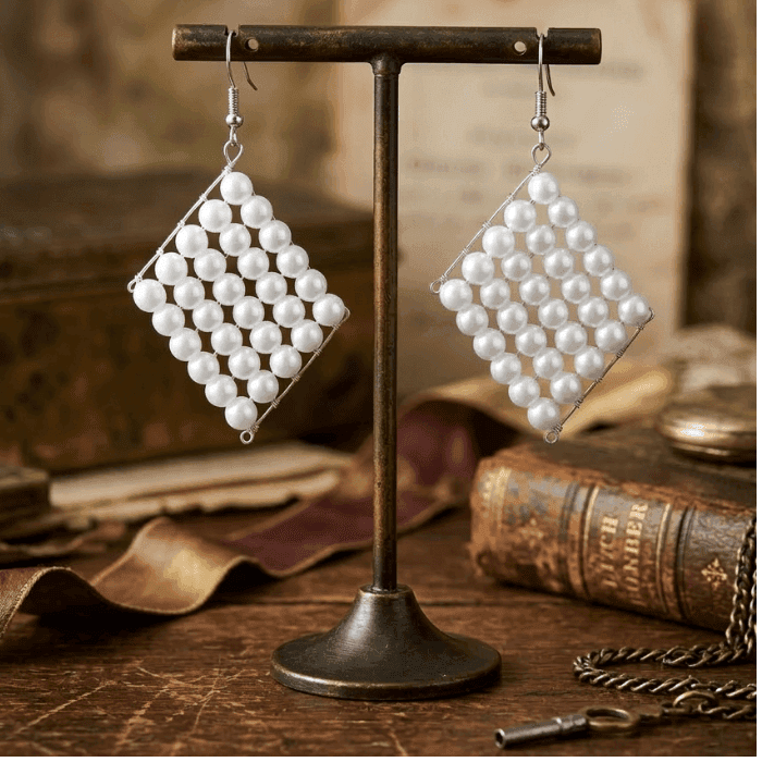 White Glass Pearl Retanglar Earrings