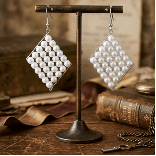 White Glass Pearl Retanglar Earrings