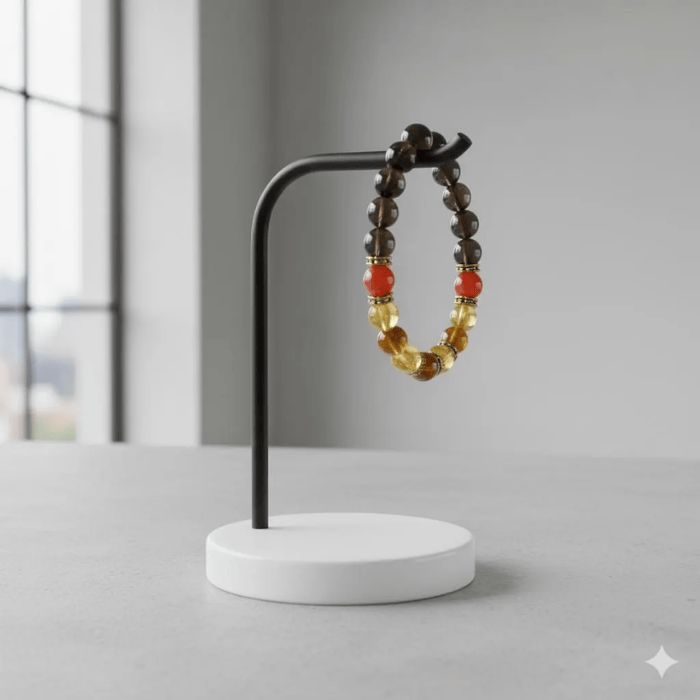 Happiness Gemstone Bracelet featuring colorful beads displayed on a minimalist stand