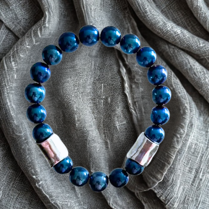 Pulseras dobles de hematita azul y jade blanco
