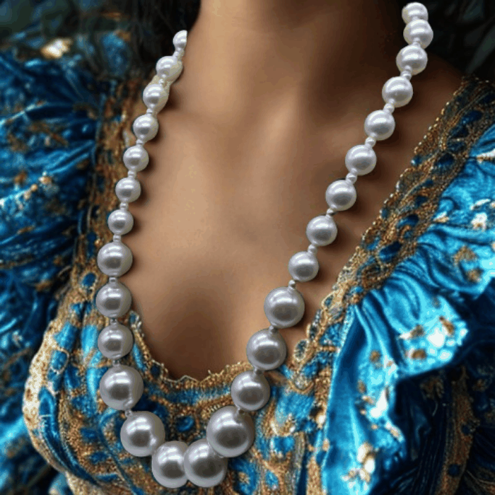 Classic multi-bead size pearl necklace on a woman in elegant attire.