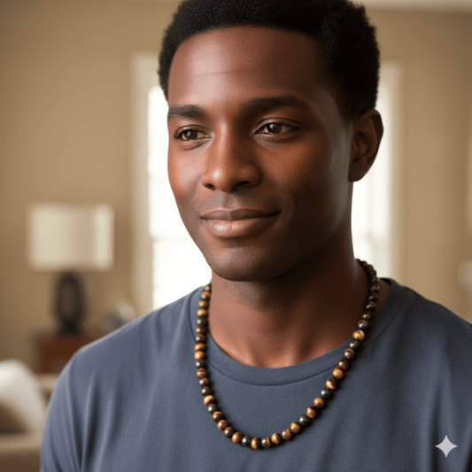 Man wearing a Peace N Beads Tiger Eye Necklace, promoting confidence. Feel Empowered with a Tiger Eye Necklace.
