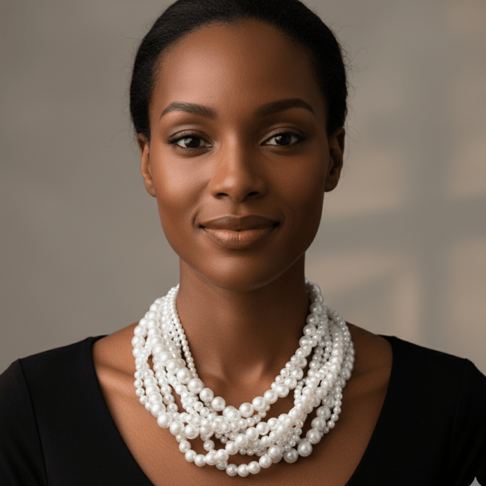 Elegant woman wearing a White Glass Pearl Multi Layer Strand Necklace featuring multiple strands of pearls