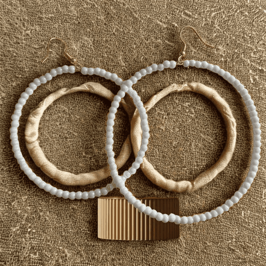 Peace N Beads Glamorous Oversized Hoops Earrings with White Beads and Soft Fabric Finish