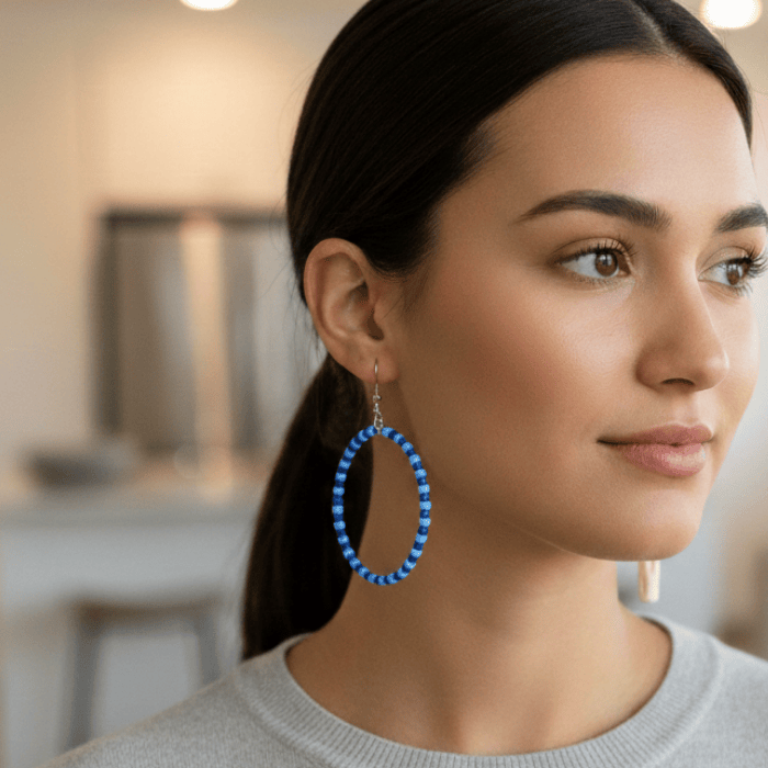 Stylish Sky and Royal Blue Medium Hoop Earrings worn by a model with long hair