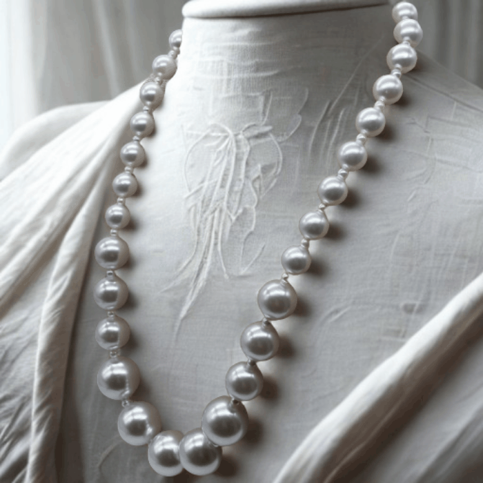 Classic Multi-Bead Size Pearl Necklace featuring white glass pearls and elegant toggle clasps.