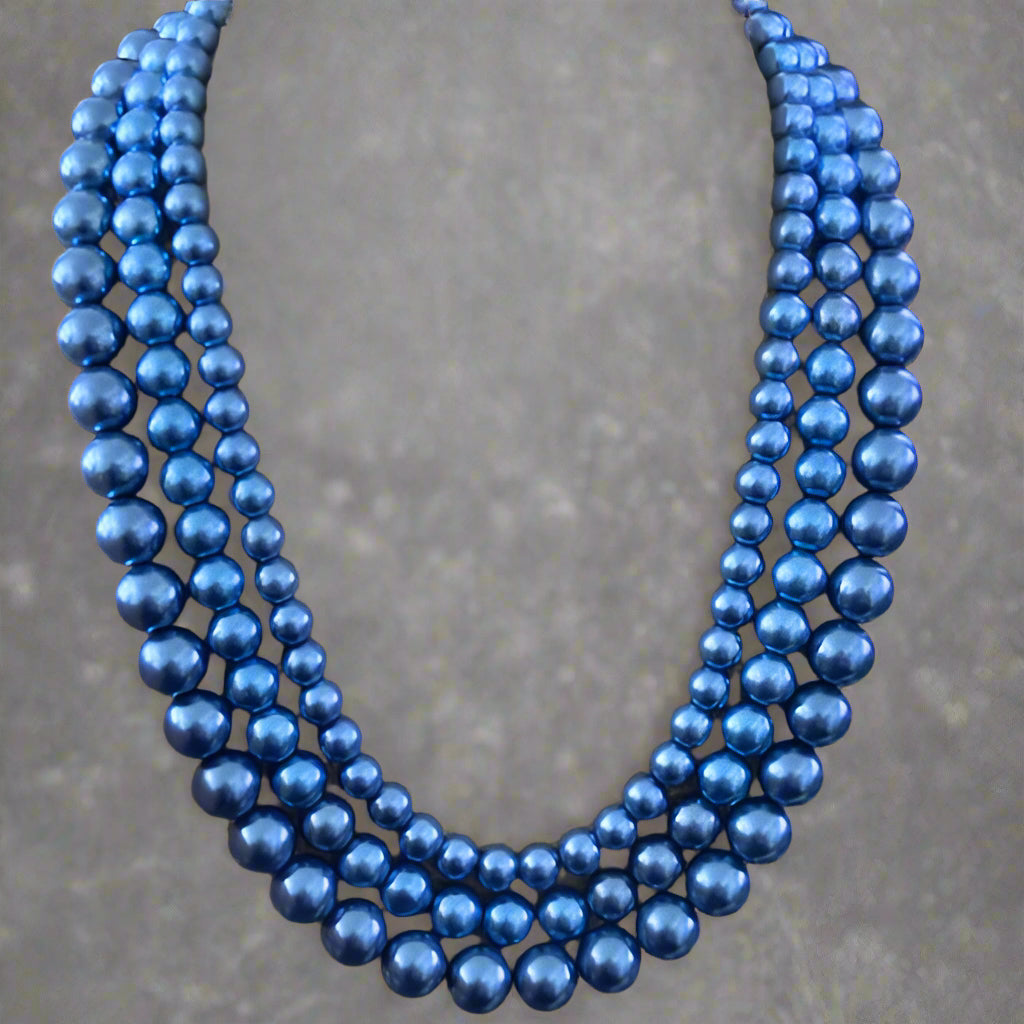 Necklaces - Triple Strand Royal Blue Pearl Necklace