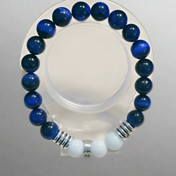 Blue Tiger Eye and White Jade Bracelet, Peace N Beads