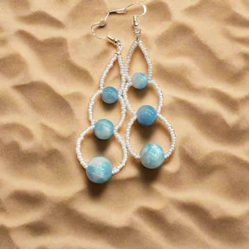 Earrings - White Blue Seed Bead Earrings