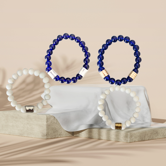 Elegant White and Blue Jade Gemstone Bracelet Set for men by Peace N Beads Design displayed on neutral background