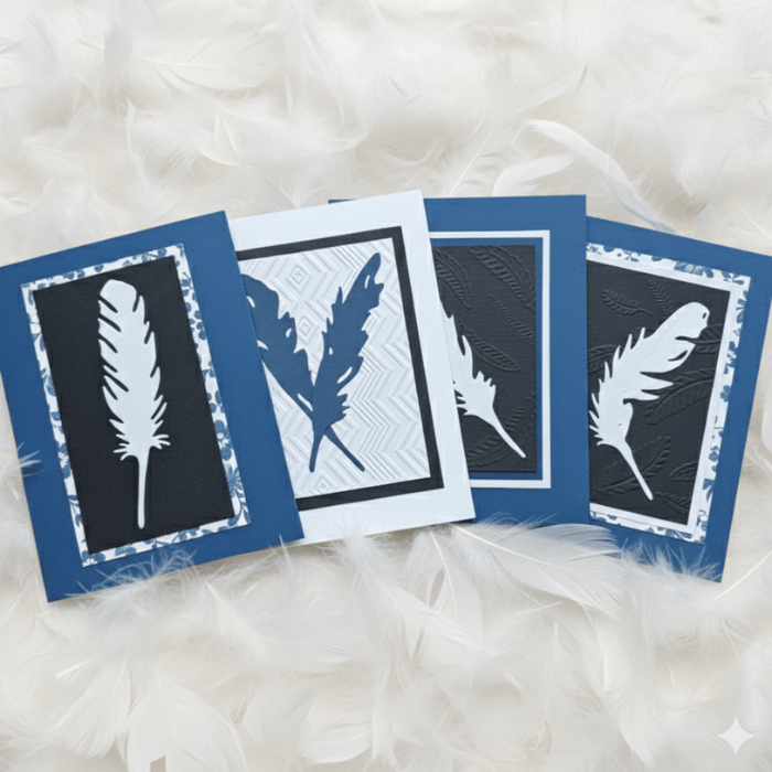A Flutter of Fun note cards featuring elegant feather designs in navy and white with textured backgrounds
