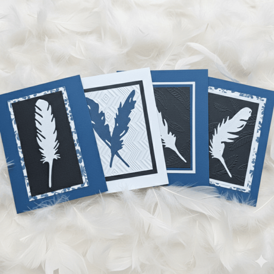 A Flutter of Fun note cards featuring elegant feather designs in navy and white with textured backgrounds