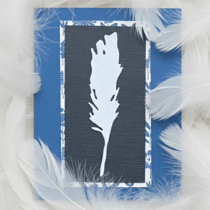 A Flutter of Fun note cards featuring a white leaf design on a dark background surrounded by delicate feathers