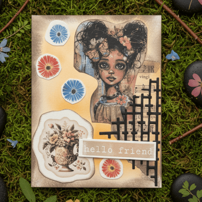 Artistic note card featuring a vintage girl illustration and floral accents, titled A Touch of Nostalgia