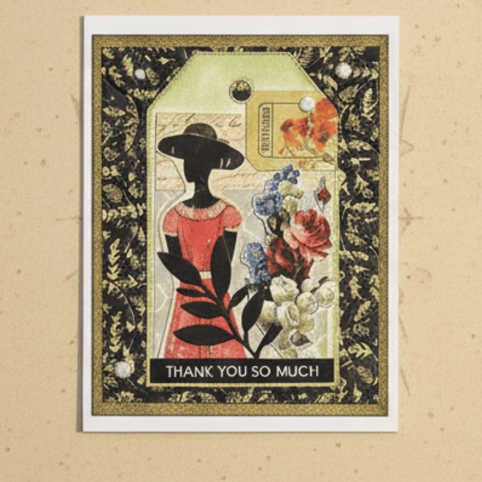 A Touch of Nostalgia note card featuring a vintage design with flowers and a thank you message