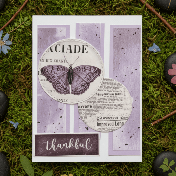A Touch of Nostalgia note card featuring a butterfly design with a thankful message in purple tones