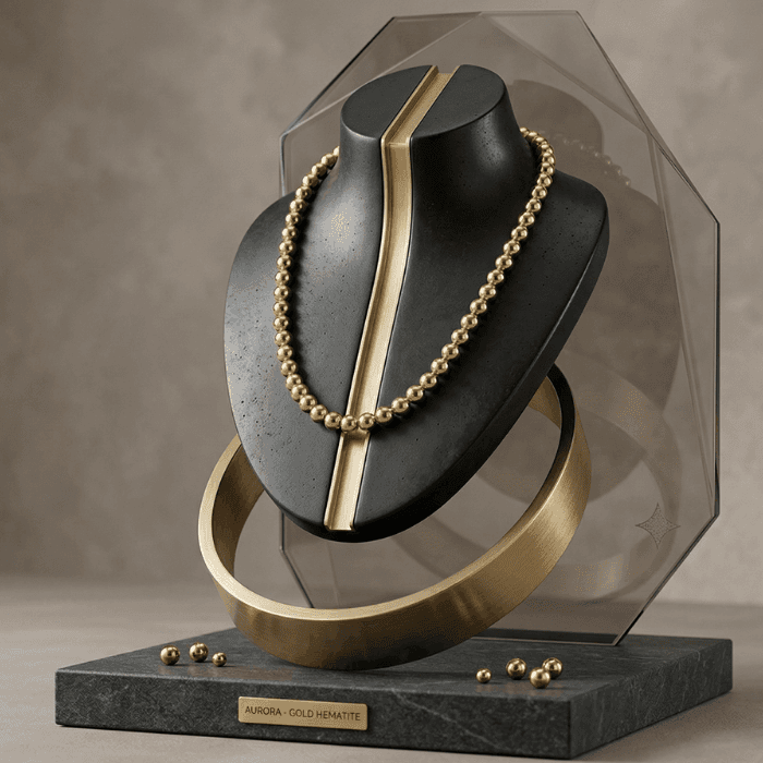 Elegant Gold Hematite Gemstone Necklace displayed on a black bust with modern design elements