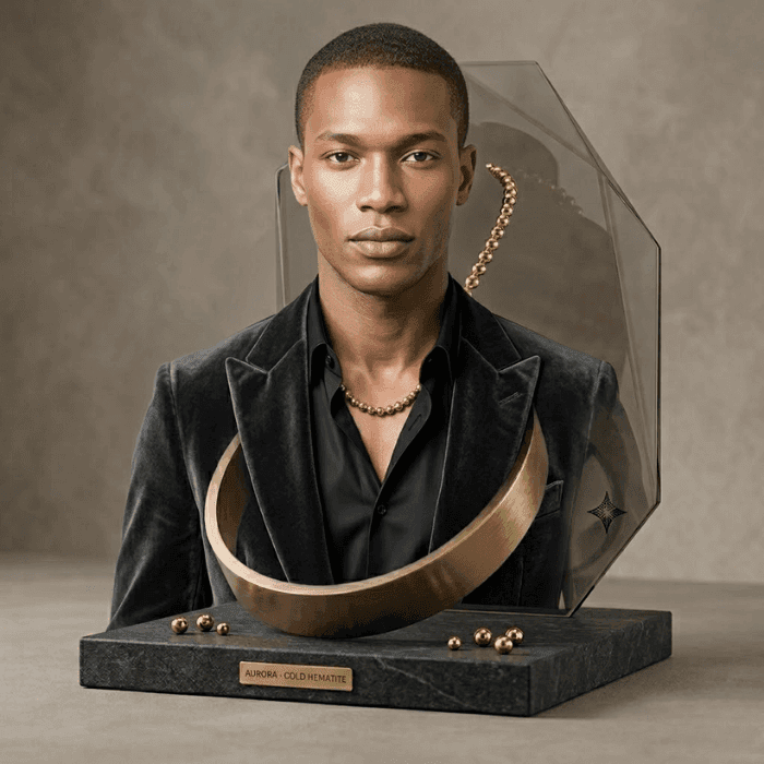 Stylish model wearing a Gold Hematite Gemstone Necklace showcased on a display stand