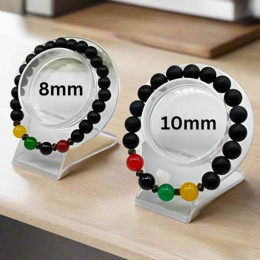 Peace N Beads Black Juneteenth Gemstone Bracelet in 8mm and 10mm bead sizes with red green and yellow accents