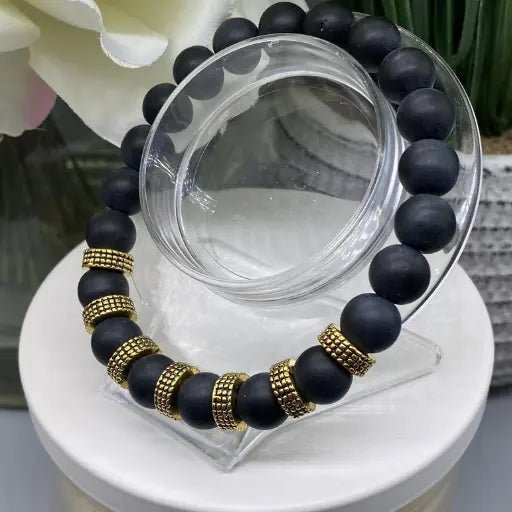 Black Onyx and Gold Color Accent Men's Bracelet