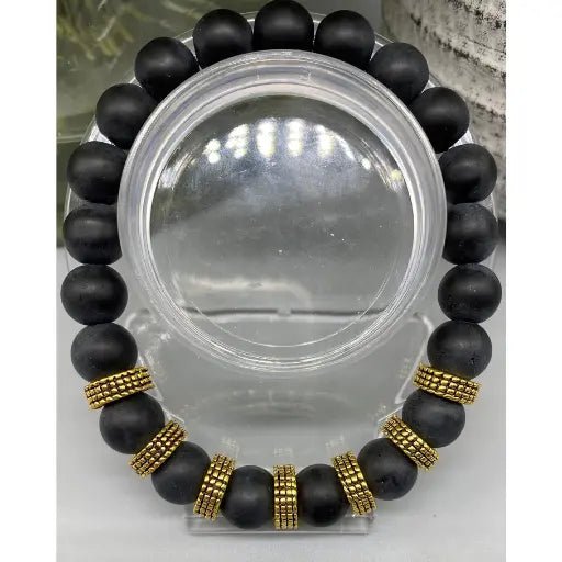 Black Onyx and Gold Color Accent Men's Bracelet