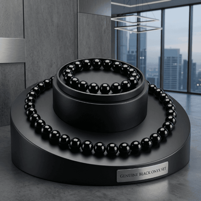 Elegant Black Onyx Jewelry Set displayed on a modern black stand, perfect for any occasion