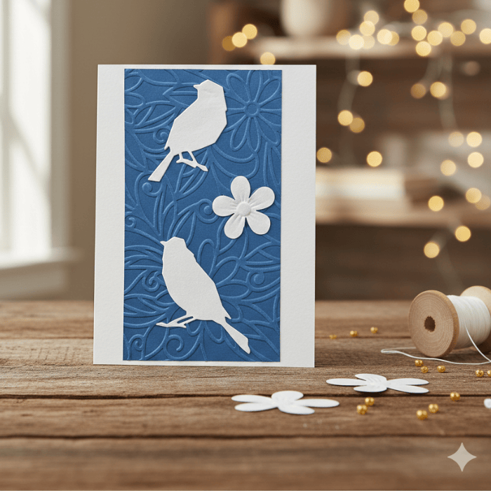 Blossoms of Affection Note Cards featuring detailed cut-out birds and floral designs on textured paper