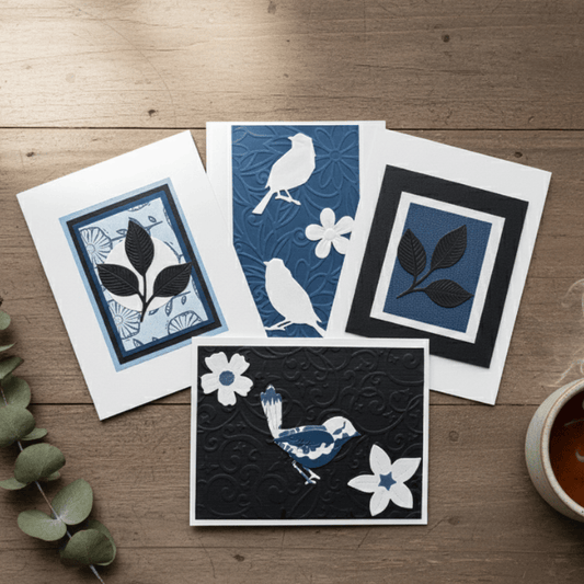 Set of Blossoms of Affection Note Cards featuring birds and floral designs in blue and black