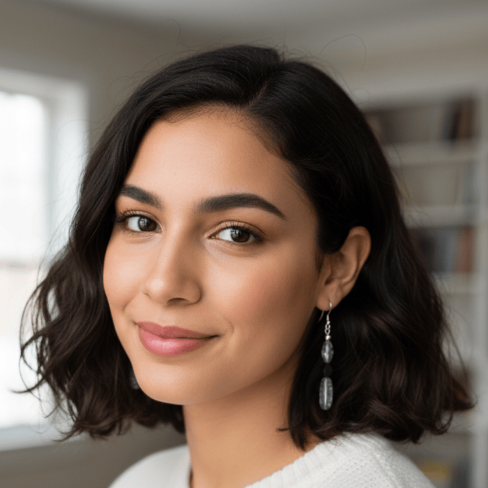 Blue and Black Crystal Bead Earrings showcased on a model with stylish hair and natural makeup