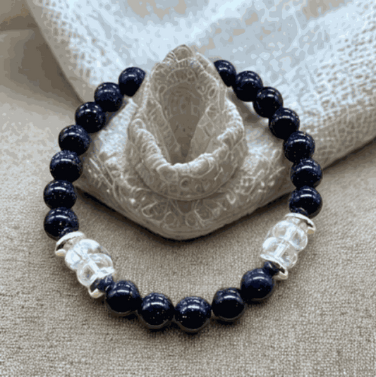 Blue Sandstone and Quartz Crystal Success Bracelet by Peace N Beads Design with dark blue and clear beads