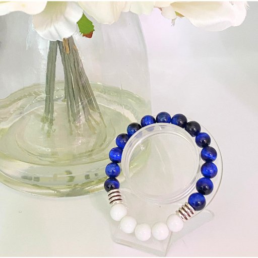Blue Tiger Eye and White Jade Women's Bracelet-Peace N Beads