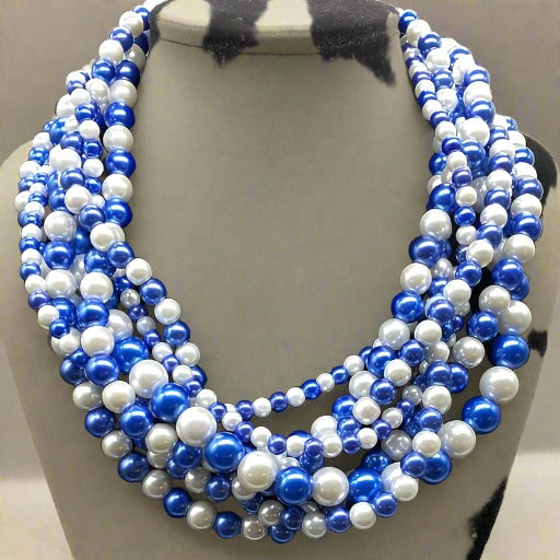 Blue White Pearl 7 Strand Necklace-Peace N Beads Design