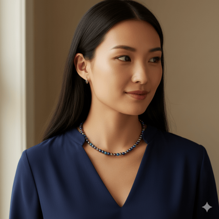 Bohemian Dream Rainbow Hematite Necklace worn by a model with a stylish top