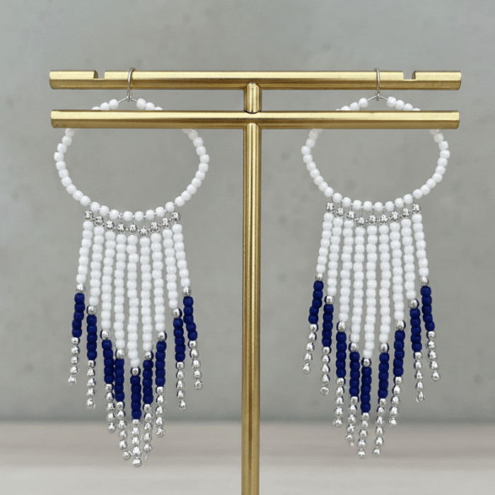 Boho Blue and White Patterned Earrings with Beaded Fringe Design for Stylish Looks