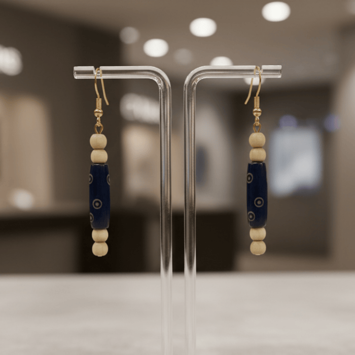 Boho Grain Handmade Wood Drop Earrings featuring blue and wooden beads for a stylish look