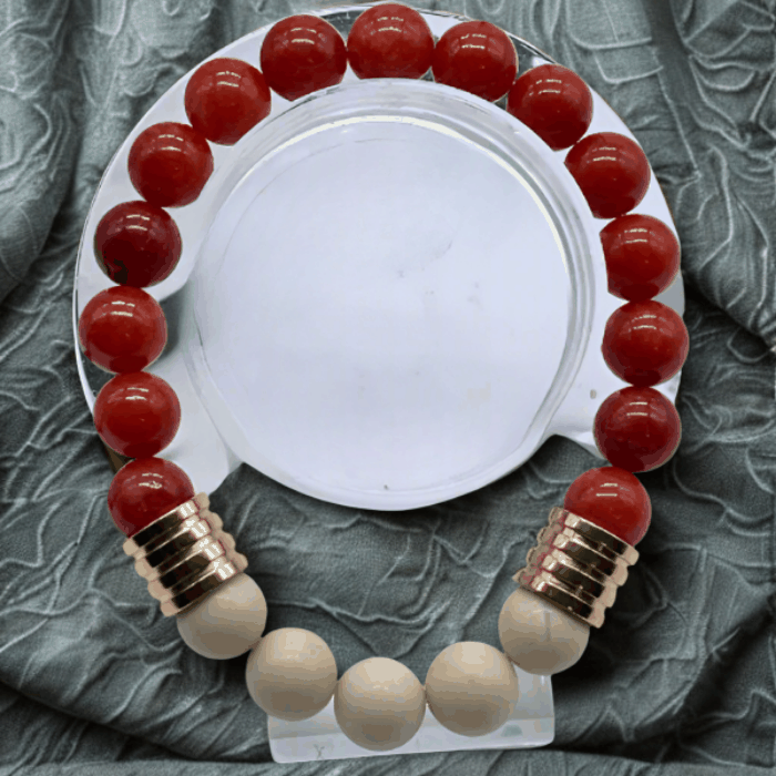 Peace N Beads Bold Red Coral and Cream Bracelet with round beads and metal accents