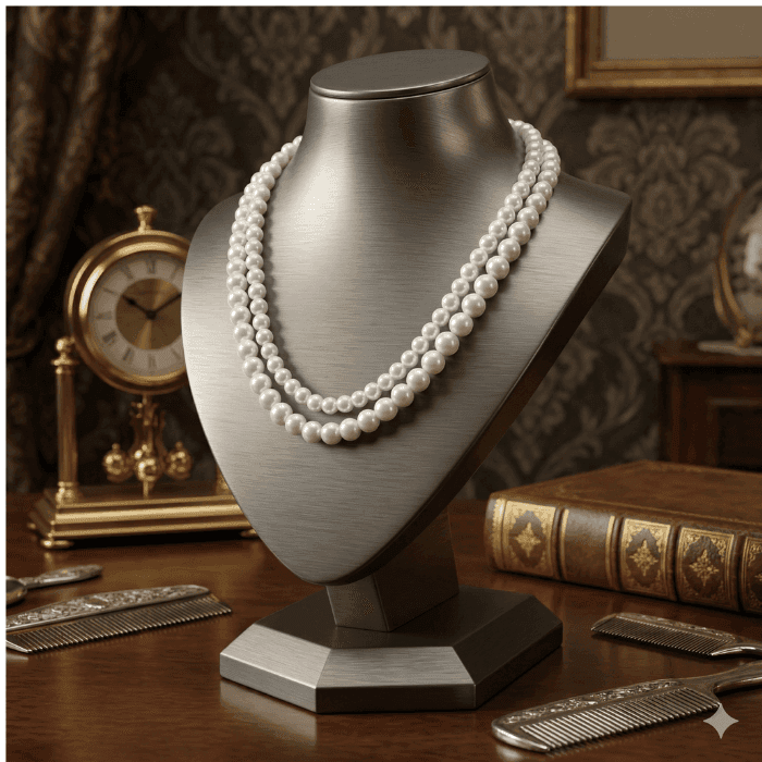Elegant Classic 2 Strand Pearl Necklace displayed on a jewelry bust against a vintage background