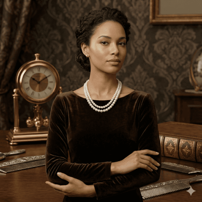 Classic 2 Strand Pearl Necklace elegantly worn by a woman in a vintage setting