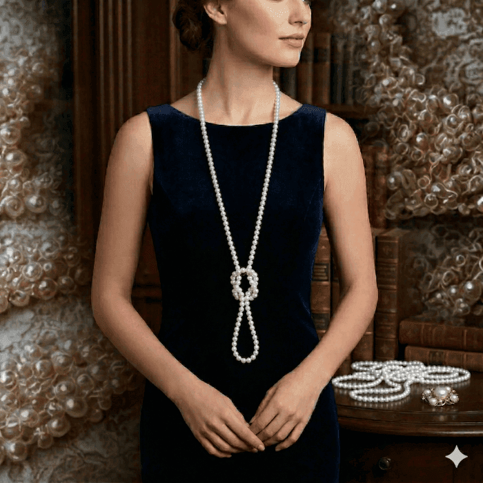 Classic 55 Inch White Glass Pearls Necklace showcased on a model wearing a dark dress in an elegant setting