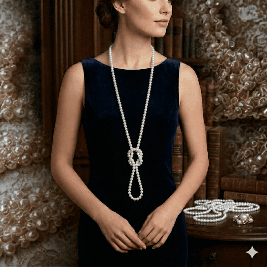 Classic 55 Inch White Glass Pearls Necklace showcased on a model wearing a dark dress in an elegant setting