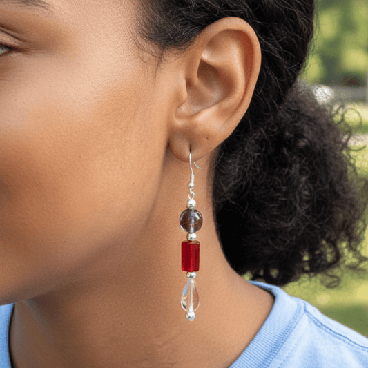 Crimson Elegance Red Hue Drop Earrings featuring sparkling crystals and silver accents