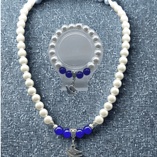 Dove Necklace Bracelet Set in Jade and White Pearls by Peace N Beads with silver dove charms