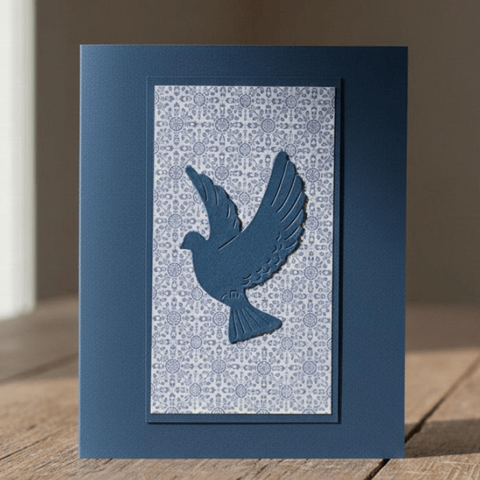 Doves in Flight Note Card Set featuring a blue silhouette on a floral background for heartfelt messages