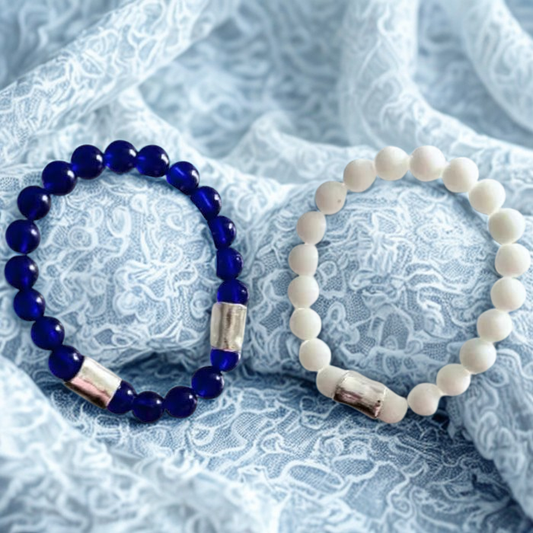 Elegant White and Blue Jade Gemstone Bracelet Set displayed on a textured fabric backdrop