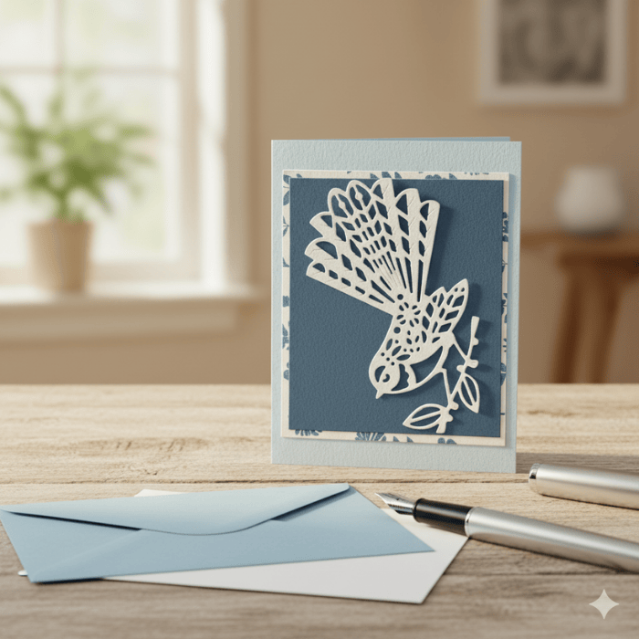 Embossed Blooms and Butterflies Note Cards featuring a blue bird design on a cream background