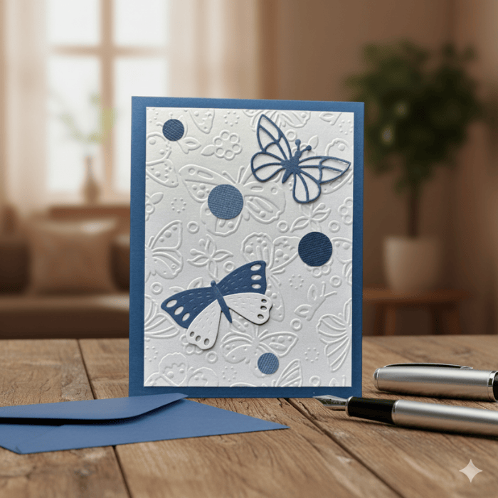 Embossed Blooms and Butterflies Note Cards in blue with intricate butterfly designs and matching envelope