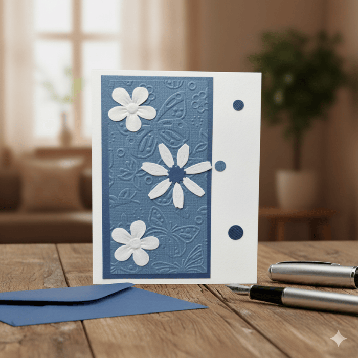 Embossed Blooms and Butterflies Note Cards in Blue with Floral Design and Matching Envelope